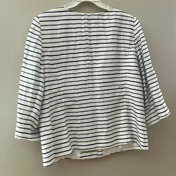 [14W]Louben 85% Linen Blend Black White Striped Button Down  3/4 Arm Blazer - Picture 4 of 5